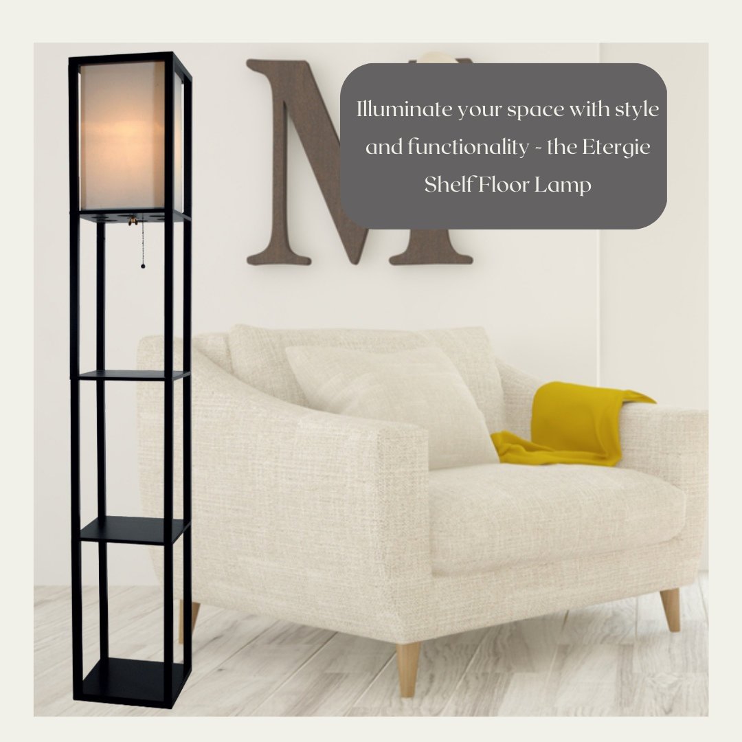 Modern Black Floor Lamp with Shelves, - Wooden Storage Shelf Floor Lamp for Living Room, Bedroom