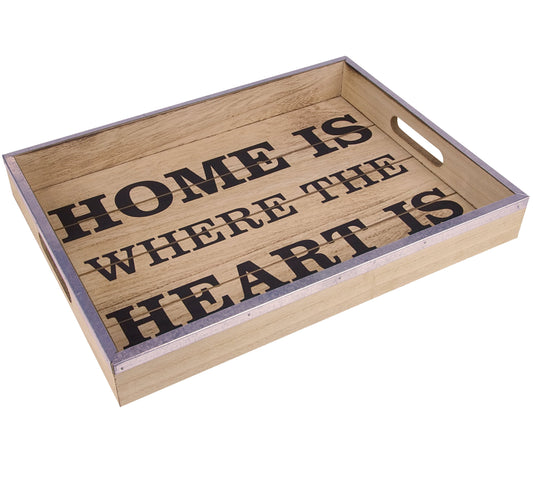 Decor Works Wooden Serving Trays with Metal Trim, Home Sweet Home Breakfast Trays decorative farmhouse platter for coffee table tray (Set of 2) (Natural)