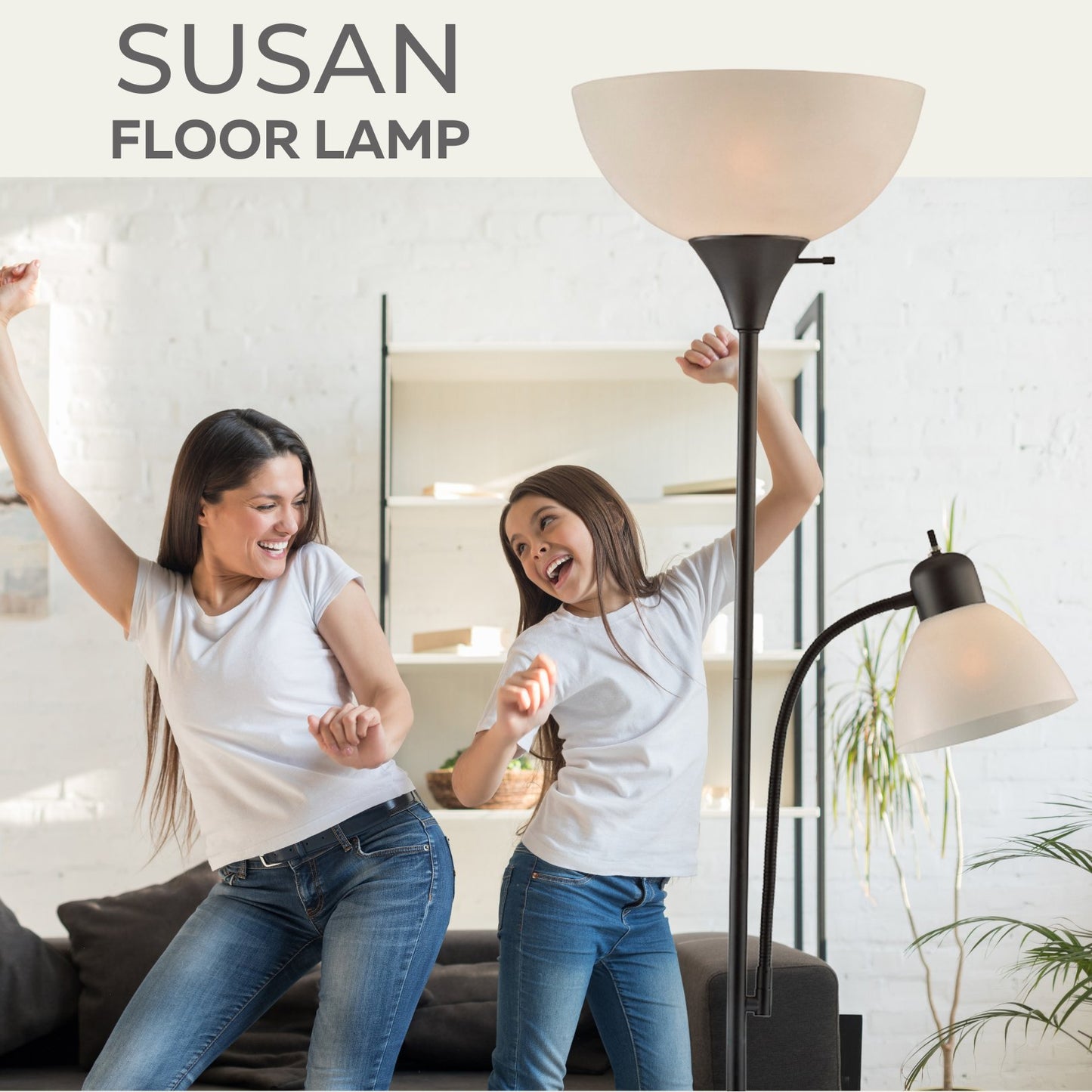 Susan Adjustable Metal Floor Lamp with Reading Light (Black)